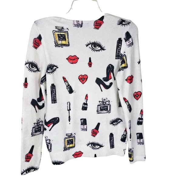 Tricotto Graphic Print Pullover Sweater S White V-Neck Artsy Embellished Beauty - Picture 2 of 9